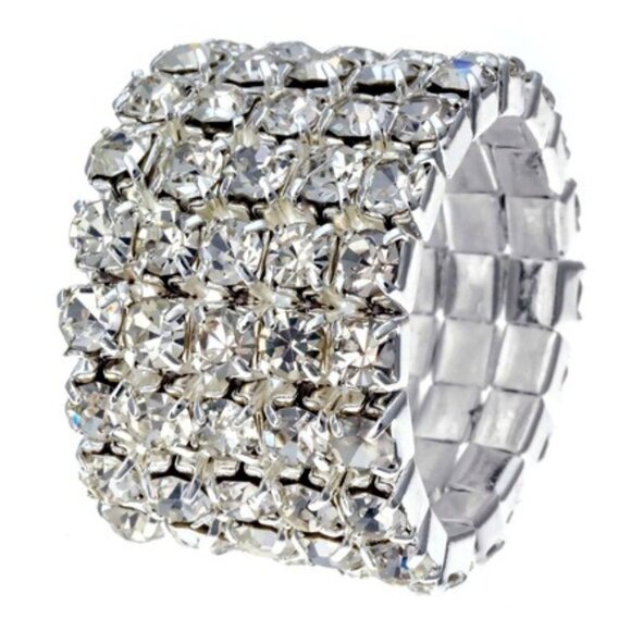 Silver Stretch Ring with Clear Rhinestones – Glamorous Wide Band Bling - 5 Rows - Picture 3 of 9